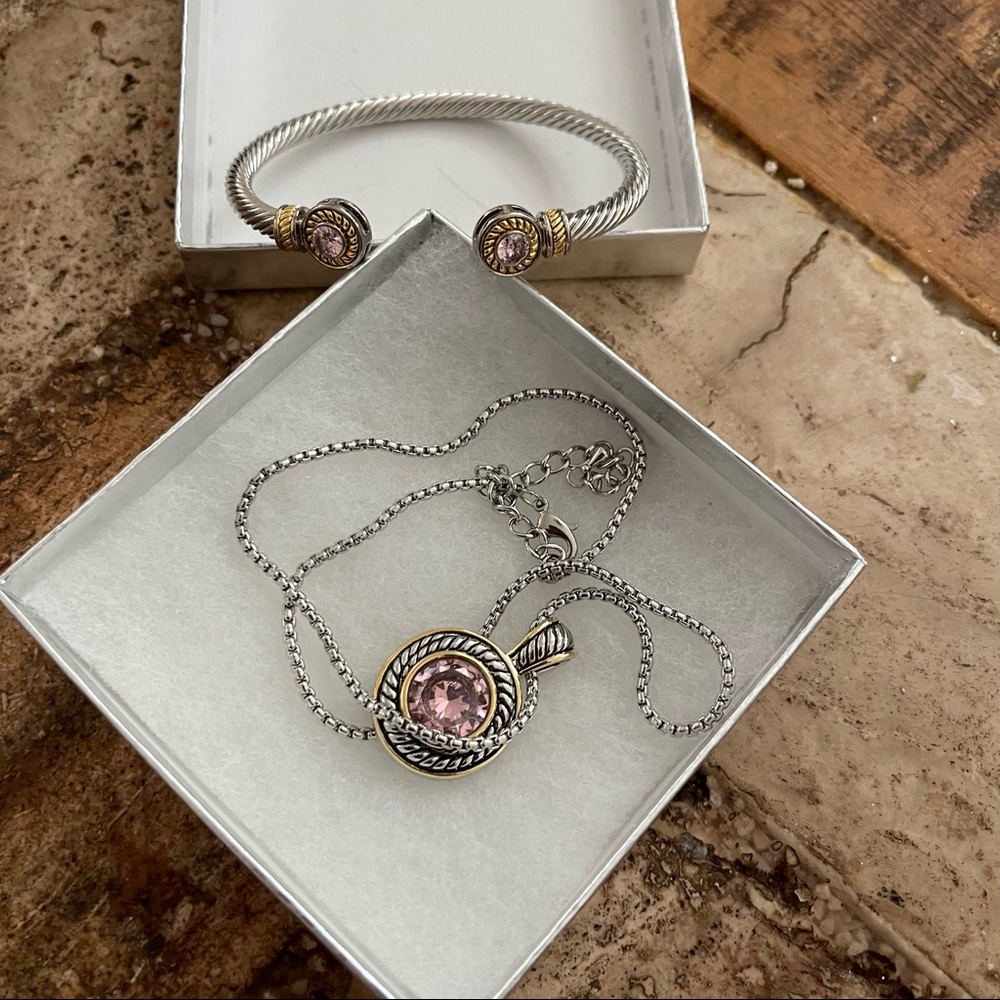 Silver Gold Braided Necklace with Pink Hanging Jewel and Open Cuff Bracelet Set
